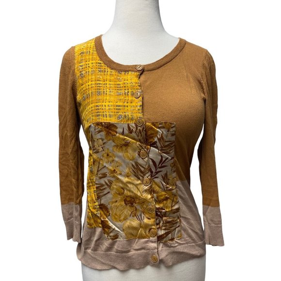 Anthropologie GUINEVERE Silk XS Cardigan Womens Large 3/4 Sleeve Orange Tan - Picture 1 of 11